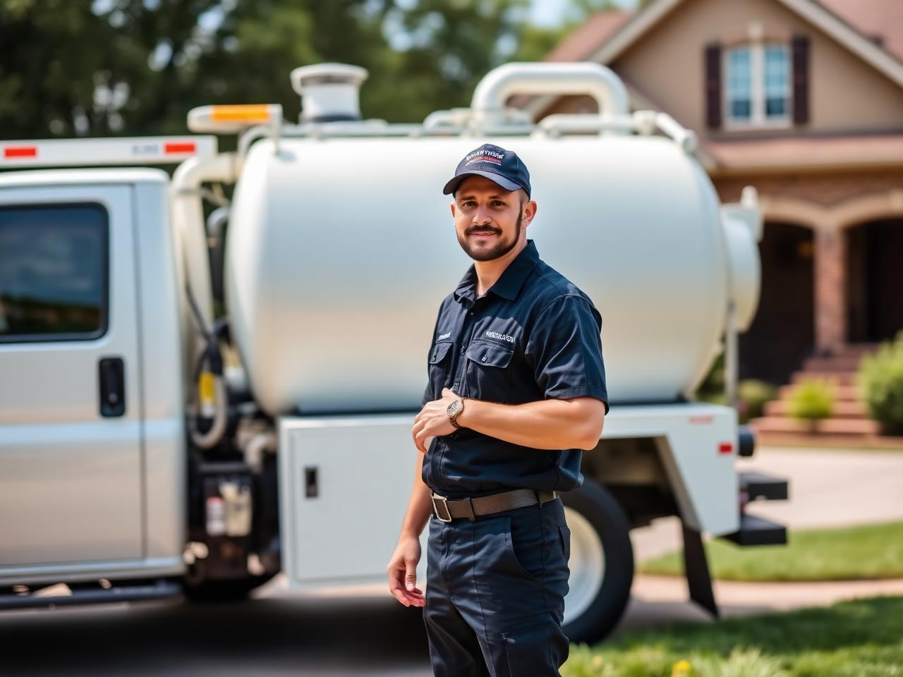 Professional septic service technician next to a pump truck